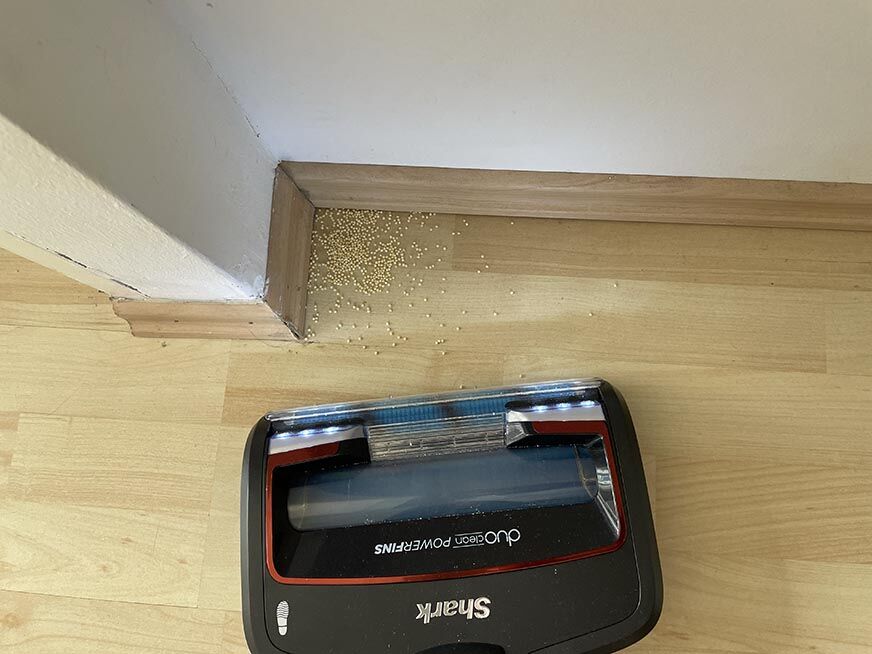 Man sieht, wie der Shark Anti Hair Wrap Flexology in Kanten saugt. 